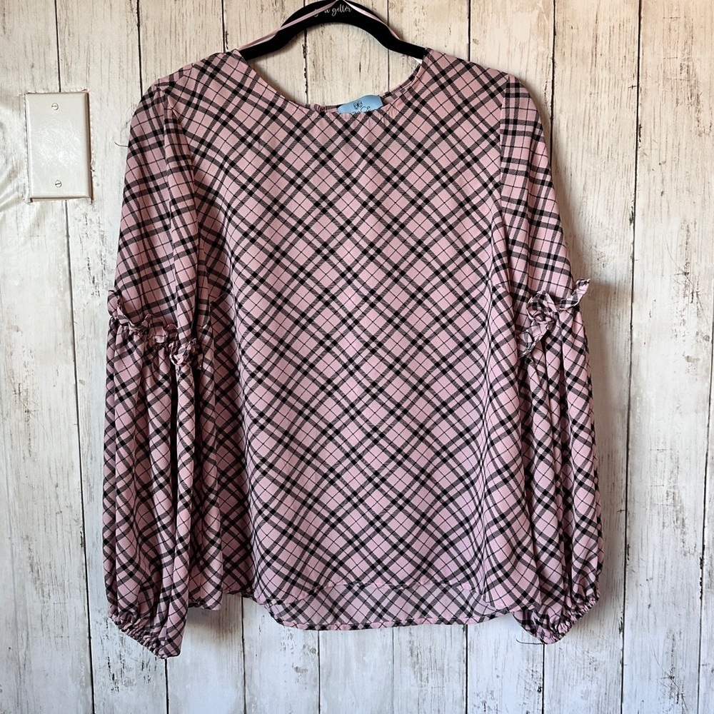 CECE Womens Pink Plaid Jewel Neck Top Size: S - Picture 4 of 8
